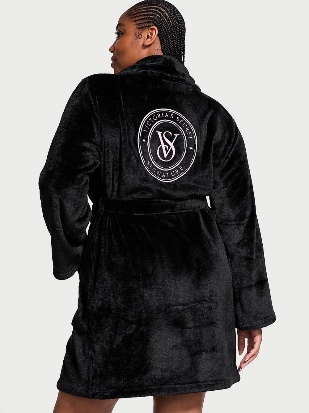 Victoria's Secret Signature Plush Bath Robe Black Embroidered Women’s XL XXL
